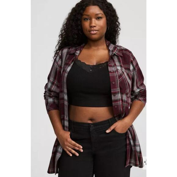 Torrid Lizzie Brushed Burgundy Plaid Long Sleeve Tunic Top 3X NWT - Picture 1 of 11